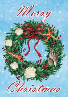 40" x 28" "Merry Christmas" Shell Wreath Large Christmas Flag