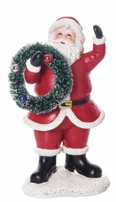 9" Red Polyresin Santa Holding a Wreath Statue