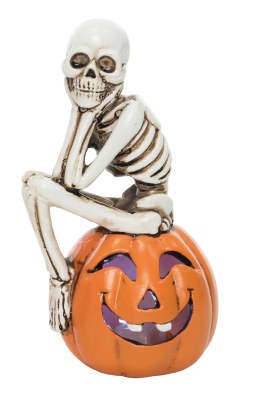 6" LED Skeleton Sitting on a Jack-O-Lantern With the Chin Resting on Two Hands