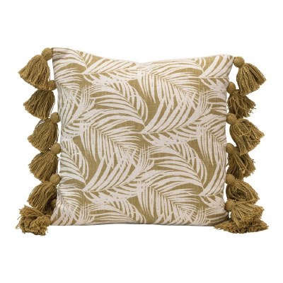 18" Sq Green Palm Fronds and Green Tassels Decorative Pillow