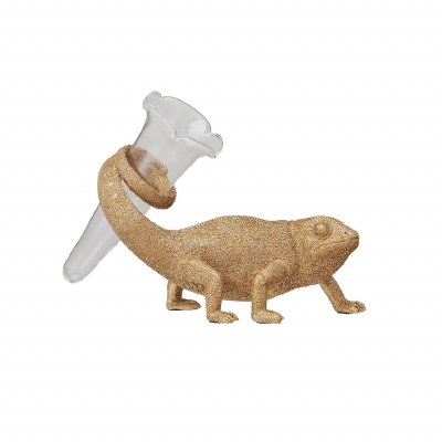6" Gold Lizard Holding a Glass Vase in the Tail Figurine