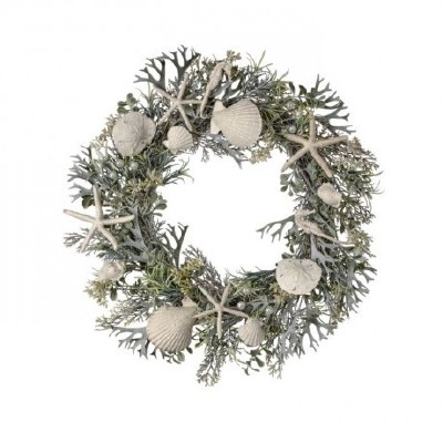 22" Round Faux White and Gray Shell and Fern Wreath