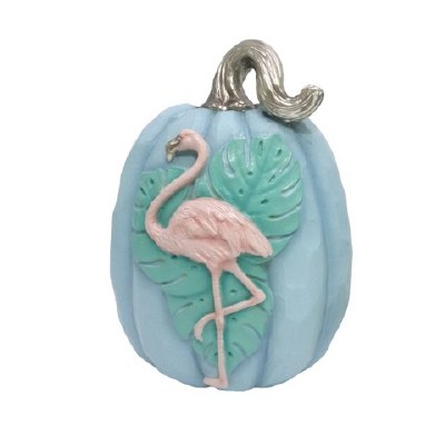 10" Flamingo on a Blue Polyresin Pumpkin