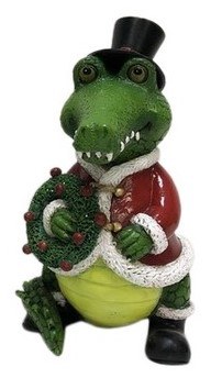 7" Christmas Alligator Holding a Wreath Polyresin Figurine