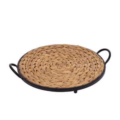 16" Round Black Metal and Natural Wicker Tray