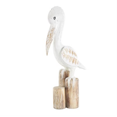 24" Whitewash and Brown Wood Pelican on a Piling Statue