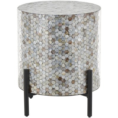 18" Round Gray Mosaic Mother of Pearl With Black Legs End Table
