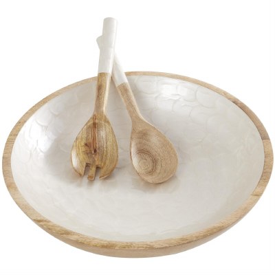 15" Round Natural and Cream Bowl With Servers