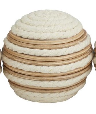 4" Round Natural Rattan and White Rope Orb
