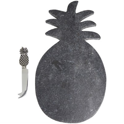 16" x 9" Black Marble Pineapple Cutting Board With a Pineapple Spreader