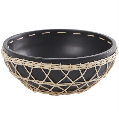 12" Round Black and Rattan Wood Bowl