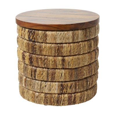 18" Round Brown Teak Top and Wicker Base End Table