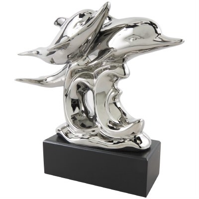 9" Silver Dolphin With a Baby Ceramic Statue