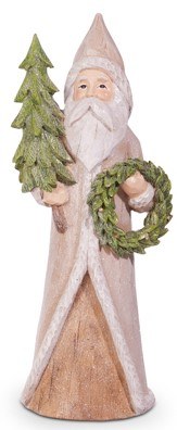 11" Beige Polyresin Santa Holding a Wreath Figurine