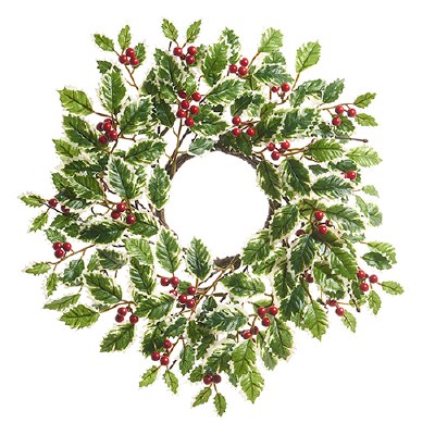 4.5" Opening Faux Variegated Holly and Berries Candle Ring