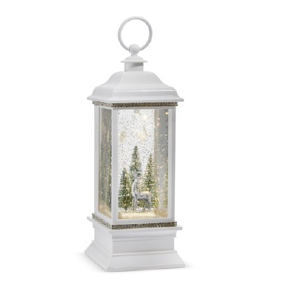 11" LED Reindeer in a White Glitter Lantern