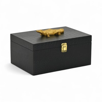 8" x 12" Large Black Decorative Box With a Gold Alligator Handle