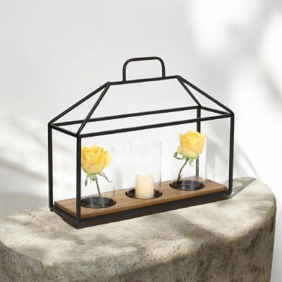 15" x 19" Rectangle Metal Lantern With Three Glass Hurricanes