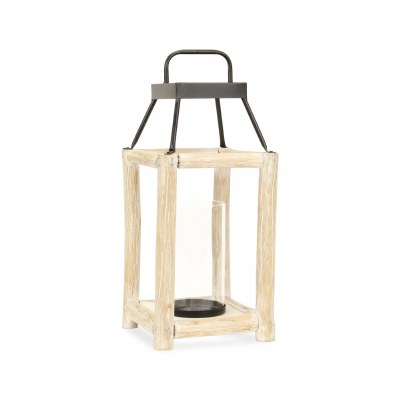 18" Whitewash Wood and Metal Lantern With a Glass Shade