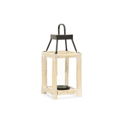 15" Whitewash Wood and Metal Lantern With a Glass Shade