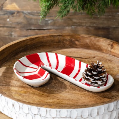10" Red and White Ceramic Candy Cane Plate