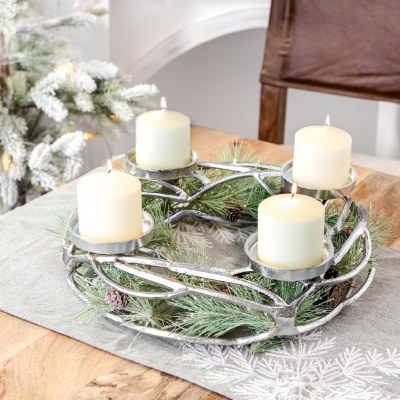 16" Round Silver Aluminum Four Pillar Candholder Centerpiece