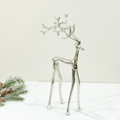 17" Silver Metal Long Leg Reindeer Statue