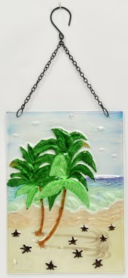 12" x 8" Palm Tree and Sea Turtle Hatchlings Glass Suncatcher