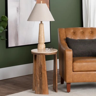 15" Round Beige Stone Top and Brown Wood Base End Table