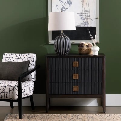 34" Dark Brown and Black Three Drawer Chest
