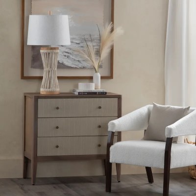 33" Brown and Cream Three Drawer Wood Chest