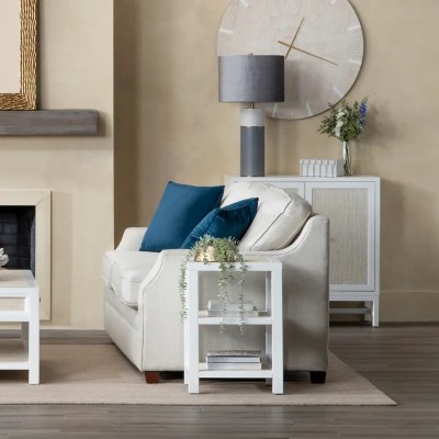 18" Square Cream and Two Whitewashed Woven Shelves End Table