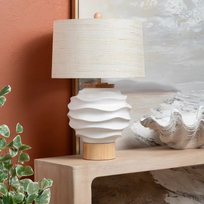 29" White Wavy Ceramic Orb Table Lamp