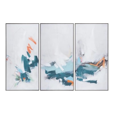 Set of Three 60" x 30" Teal and Orange Abstract Framed Canvases
