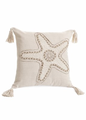 17" Sq Beige Embroidered Starfish Decorative Pillow With Tassels