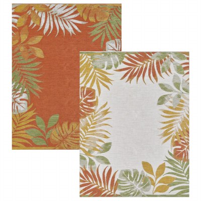 5.3' x 7' Ivory and Rust Tropical Leaves Border Reversible Indoor/Outdoor Dahlia Rug