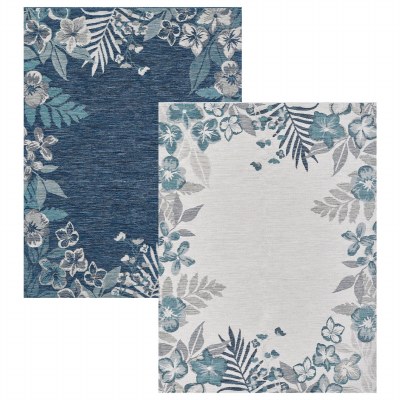 5.3' x 7' Ivory and Blue Garden Border Reversible Indoor/Outdoor Dahlia Rug