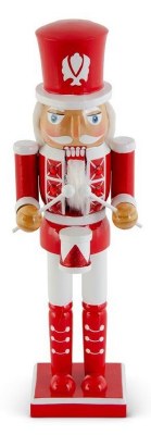 12" Red and White Wood Nutcracker Holding a Drum Statue