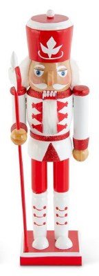 12" Red and White Wood Nutcracker Holding a Staff Statue