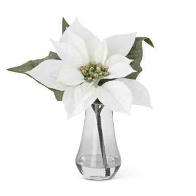 10" Faux White Poinsettia in a Glass Vase