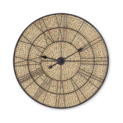 27" Round Black Metal and Natural Woven Rattan Coastal Wall Clock