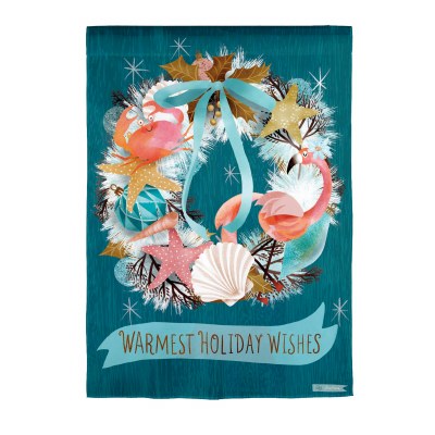 44" x 28" "Warmest Holiday Wishes" Seashell Wreath Large Coastal Christmas House Flag