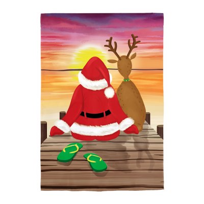 44" x 28" Santa Claus and a Reindeer Watching the Sunset From a Dock Large Coastal Christmas House Flag