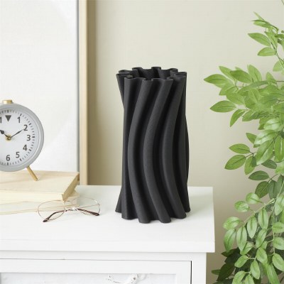 12" Black Curved Ribbed Ceramic Vase