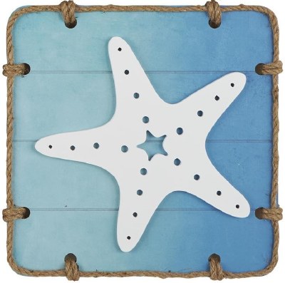16" Sq White and Blue Starfish Coastal Wood Wall Art Plaque