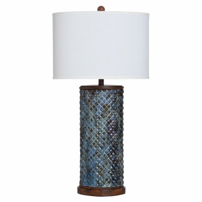 35" Dark Blue Grid Pattern Ceramic Table Lamp