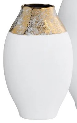 13" White and Gold Rim Flat Ceramic Vase