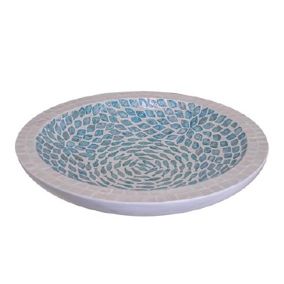 20" Round Blue and White Mosaic Fish Coastal Capiz Decorative Bowl