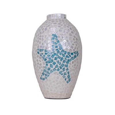 16" White and Blue Mosaic Starfish Coastal Capiz Vase