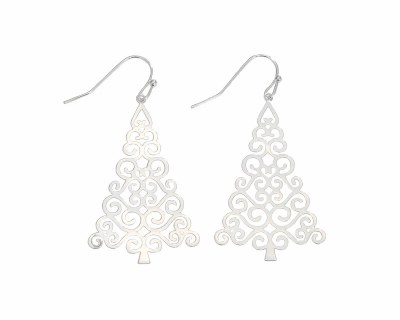 Silver Toned Curl Christmas Tree Earrings